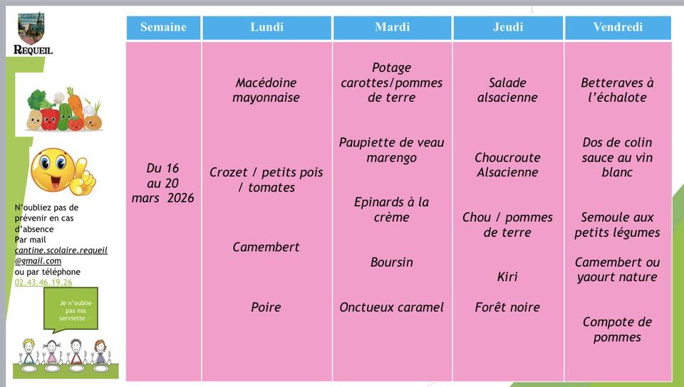 Menu du 16 a u 20 mars 2026