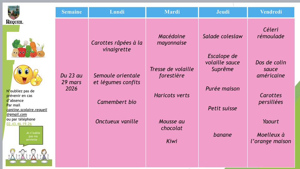 Menu du 23 au 29 mars 2026