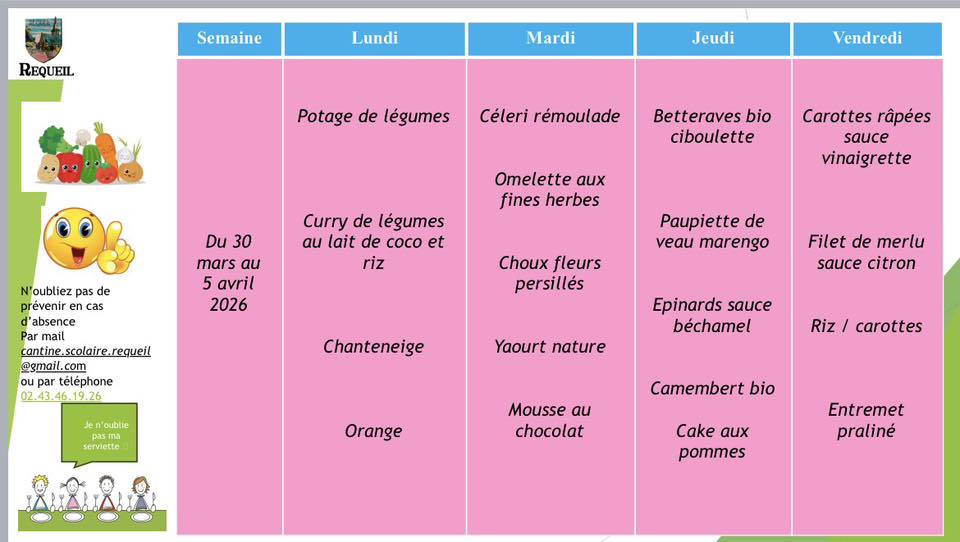 Menu du 30 mars au 5 Avril 2026