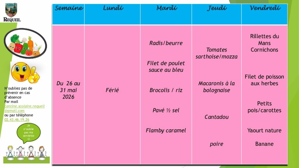 MENU du 18 au 22 Mai