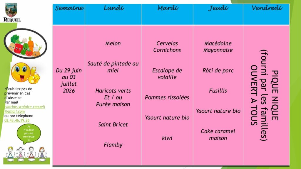 MENU du 29-06 au 05-07