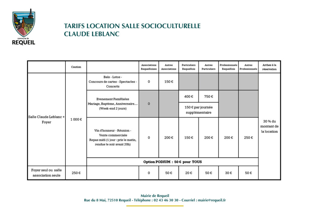 Tarifs Salle Socioculturelle 2026
