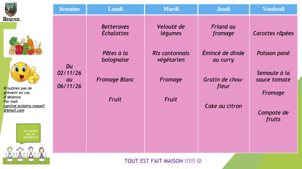 Menu du 02.11 au 06.11